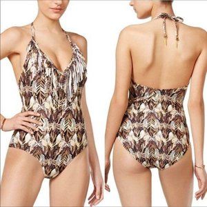Jessica Simpson Feather-Print Fringe One-Piece L
